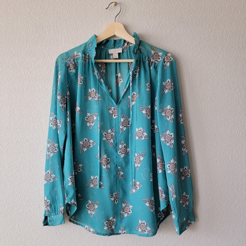 LOFT | LONG SLEEVES SEE THROUGH BLOUSE | COLOR TURQUOISE | SIZE S